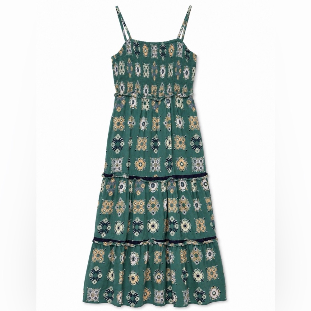 XS Smocked Tiered Midi Dress Green Floral Boho Cottagecore adjustable straps